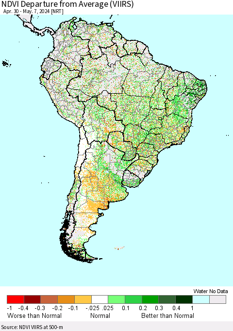 South America NDVI Departure from Average (VIIRS) Thematic Map For 4/30/2024 - 5/7/2024