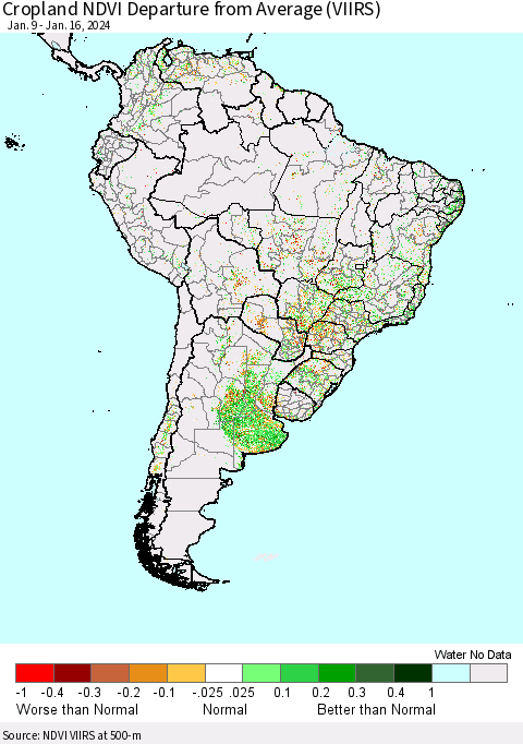 South America Cropland NDVI Departure from Average (VIIRS) Thematic Map For 1/9/2024 - 1/16/2024