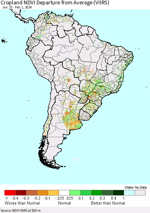 South America Cropland NDVI Departure from Average (VIIRS) Thematic Map For 1/25/2024 - 2/1/2024