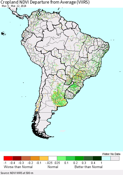South America Cropland NDVI Departure from Average (VIIRS) Thematic Map For 3/5/2024 - 3/12/2024