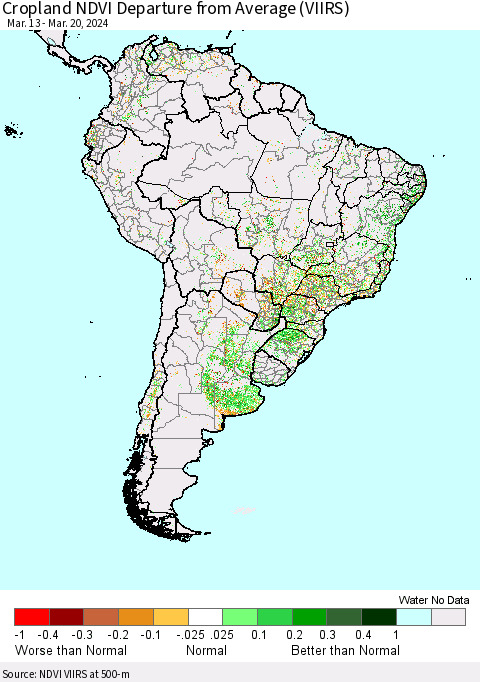 South America Cropland NDVI Departure from Average (VIIRS) Thematic Map For 3/13/2024 - 3/20/2024