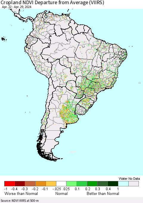 South America Cropland NDVI Departure from Average (VIIRS) Thematic Map For 4/22/2024 - 4/29/2024