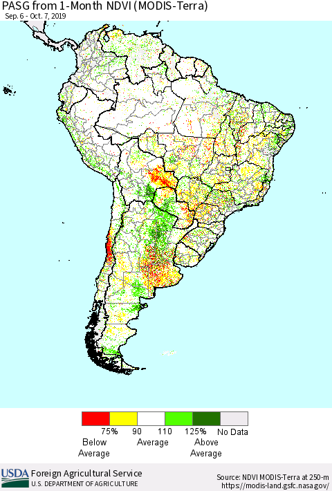 South America PASG from 1-Month NDVI (Terra-MODIS) Thematic Map For 10/1/2019 - 10/10/2019