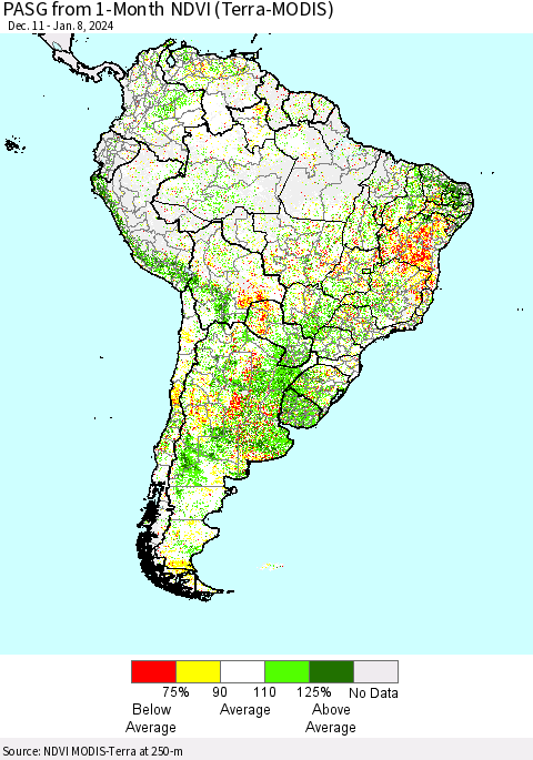 South America PASG from 1-Month NDVI (Terra-MODIS) Thematic Map For 1/1/2024 - 1/8/2024