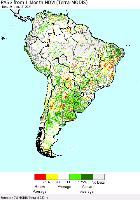 South America PASG from 1-Month NDVI (Terra-MODIS) Thematic Map For 1/9/2024 - 1/16/2024