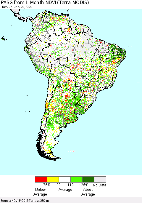 South America PASG from 1-Month NDVI (Terra-MODIS) Thematic Map For 1/17/2024 - 1/24/2024