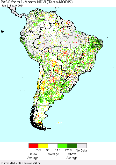 South America PASG from 1-Month NDVI (Terra-MODIS) Thematic Map For 2/2/2024 - 2/9/2024