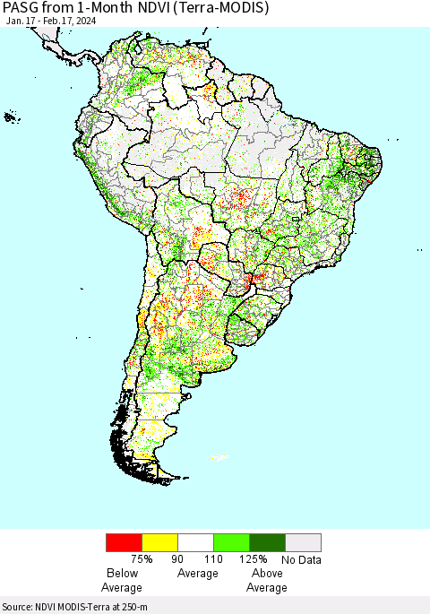 South America PASG from 1-Month NDVI (Terra-MODIS) Thematic Map For 2/10/2024 - 2/17/2024
