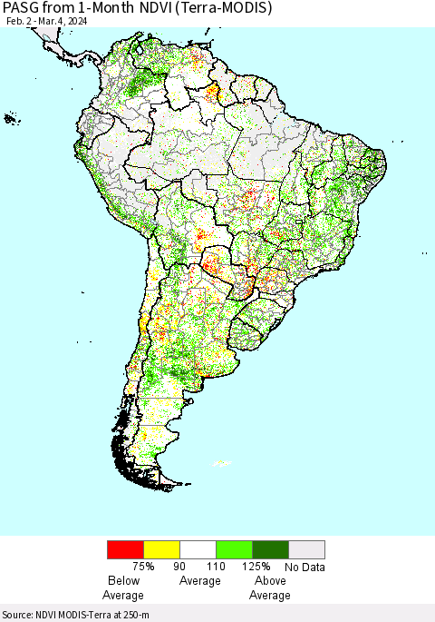 South America PASG from 1-Month NDVI (Terra-MODIS) Thematic Map For 2/26/2024 - 3/4/2024