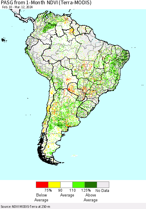 South America PASG from 1-Month NDVI (Terra-MODIS) Thematic Map For 3/5/2024 - 3/12/2024