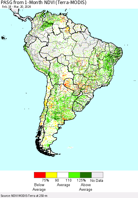 South America PASG from 1-Month NDVI (Terra-MODIS) Thematic Map For 3/13/2024 - 3/20/2024