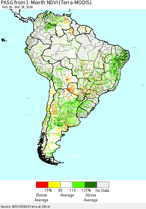 South America PASG from 1-Month NDVI (Terra-MODIS) Thematic Map For 3/21/2024 - 3/28/2024