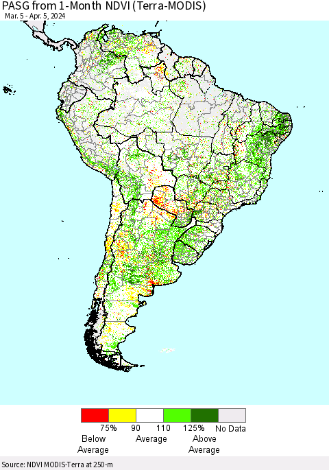 South America PASG from 1-Month NDVI (Terra-MODIS) Thematic Map For 3/29/2024 - 4/5/2024