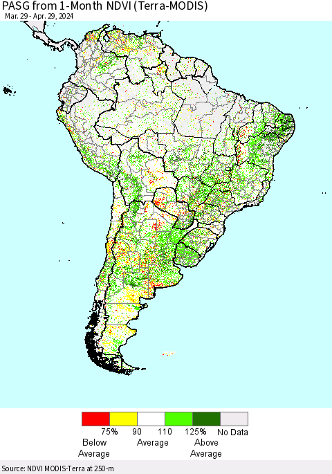 South America PASG from 1-Month NDVI (Terra-MODIS) Thematic Map For 4/22/2024 - 4/29/2024