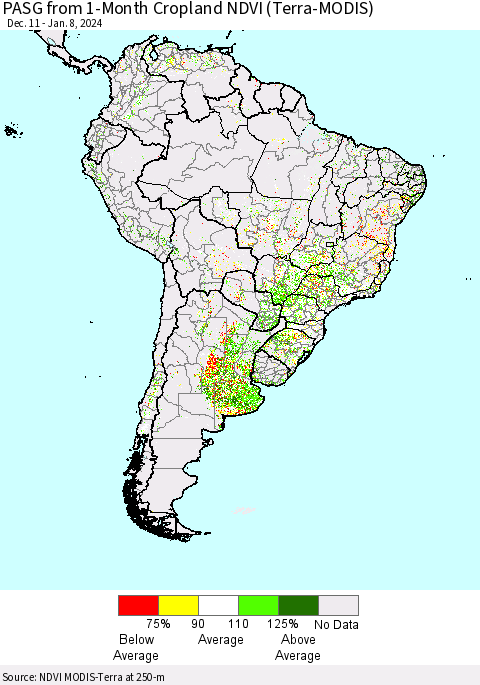 South America PASG from 1-Month Cropland NDVI (Terra-MODIS) Thematic Map For 1/1/2024 - 1/8/2024