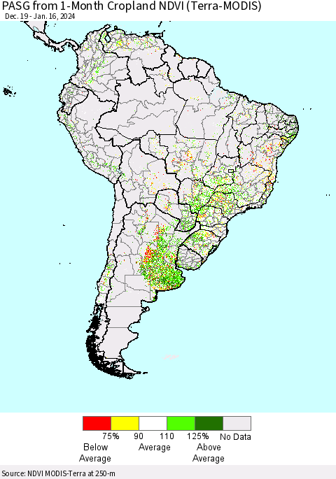 South America PASG from 1-Month Cropland NDVI (Terra-MODIS) Thematic Map For 1/9/2024 - 1/16/2024