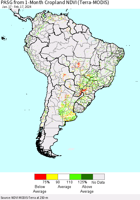 South America PASG from 1-Month Cropland NDVI (Terra-MODIS) Thematic Map For 2/10/2024 - 2/17/2024
