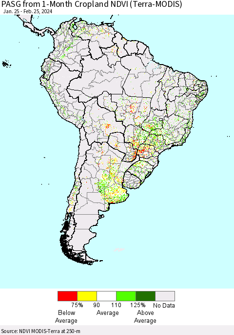 South America PASG from 1-Month Cropland NDVI (Terra-MODIS) Thematic Map For 2/18/2024 - 2/25/2024