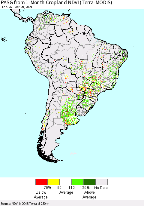 South America PASG from 1-Month Cropland NDVI (Terra-MODIS) Thematic Map For 3/21/2024 - 3/28/2024