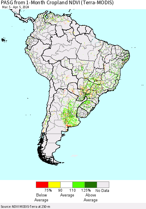 South America PASG from 1-Month Cropland NDVI (Terra-MODIS) Thematic Map For 3/29/2024 - 4/5/2024