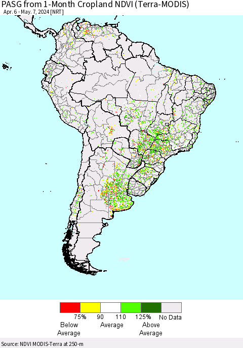 South America PASG from 1-Month Cropland NDVI (Terra-MODIS) Thematic Map For 4/30/2024 - 5/7/2024