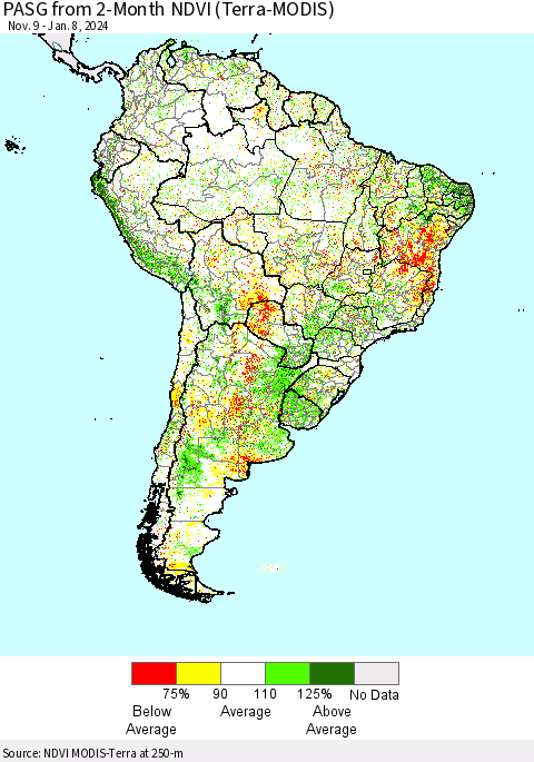 South America PASG from 2-Month NDVI (Terra-MODIS) Thematic Map For 1/1/2024 - 1/8/2024