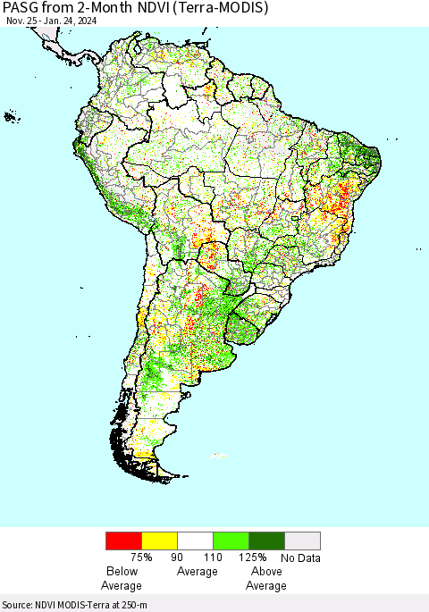 South America PASG from 2-Month NDVI (Terra-MODIS) Thematic Map For 1/17/2024 - 1/24/2024