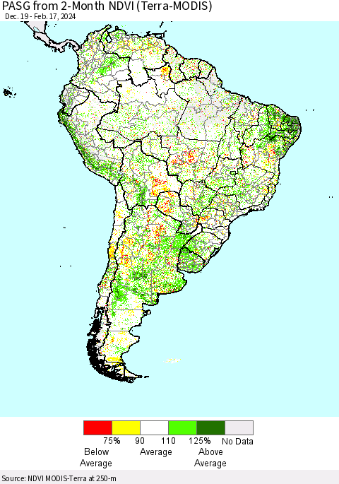 South America PASG from 2-Month NDVI (Terra-MODIS) Thematic Map For 2/10/2024 - 2/17/2024