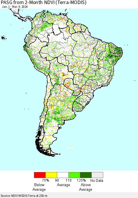 South America PASG from 2-Month NDVI (Terra-MODIS) Thematic Map For 2/26/2024 - 3/4/2024