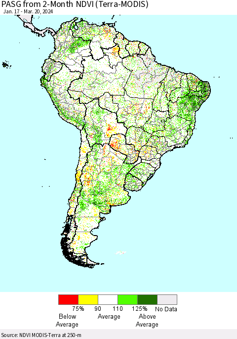 South America PASG from 2-Month NDVI (Terra-MODIS) Thematic Map For 3/13/2024 - 3/20/2024