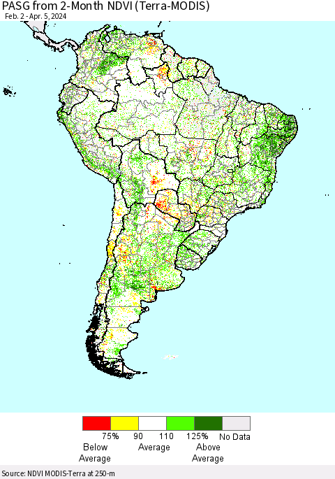 South America PASG from 2-Month NDVI (Terra-MODIS) Thematic Map For 3/29/2024 - 4/5/2024
