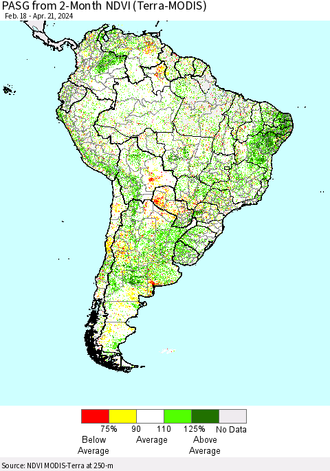 South America PASG from 2-Month NDVI (Terra-MODIS) Thematic Map For 4/14/2024 - 4/21/2024