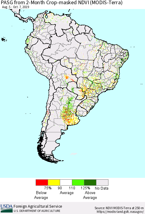South America PASG from 2-Month Cropland NDVI (Terra-MODIS) Thematic Map For 10/1/2019 - 10/10/2019