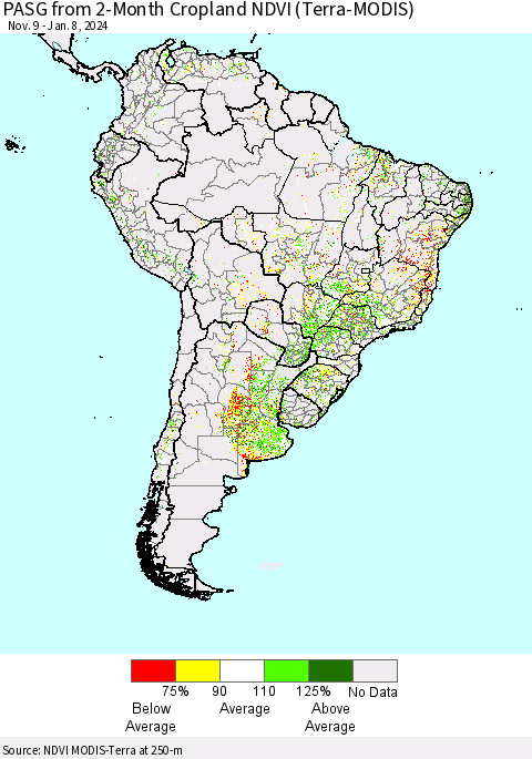 South America PASG from 2-Month Cropland NDVI (Terra-MODIS) Thematic Map For 1/1/2024 - 1/8/2024