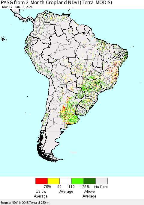 South America PASG from 2-Month Cropland NDVI (Terra-MODIS) Thematic Map For 1/9/2024 - 1/16/2024