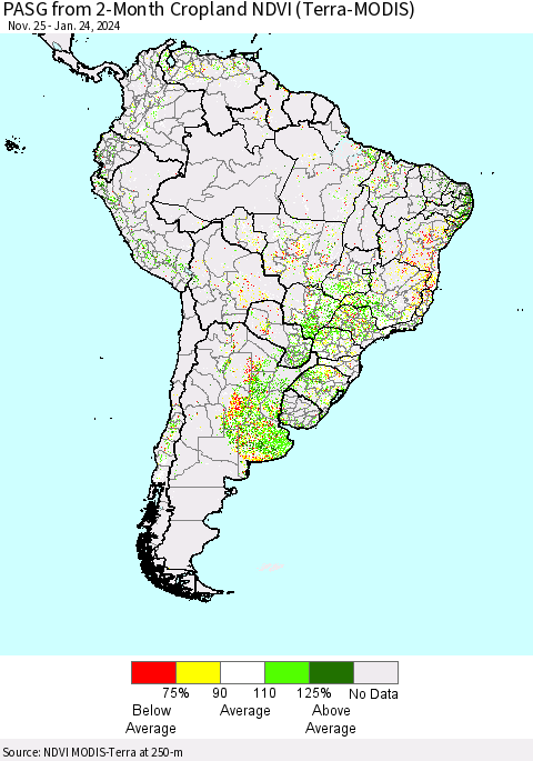 South America PASG from 2-Month Cropland NDVI (Terra-MODIS) Thematic Map For 1/17/2024 - 1/24/2024