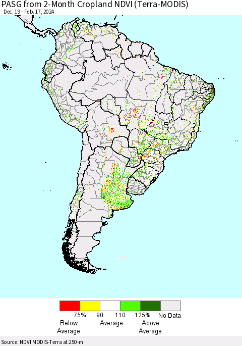 South America PASG from 2-Month Cropland NDVI (Terra-MODIS) Thematic Map For 2/10/2024 - 2/17/2024