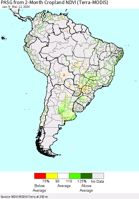 South America PASG from 2-Month Cropland NDVI (Terra-MODIS) Thematic Map For 3/5/2024 - 3/12/2024