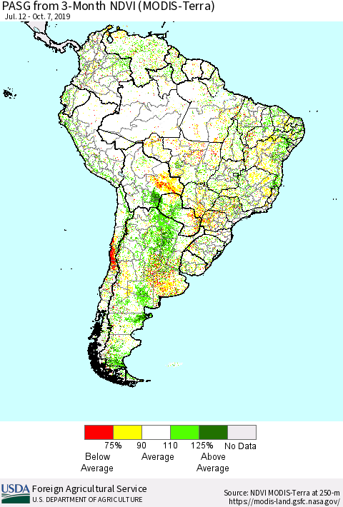 South America PASG from 3-Month NDVI (Terra-MODIS) Thematic Map For 10/1/2019 - 10/10/2019