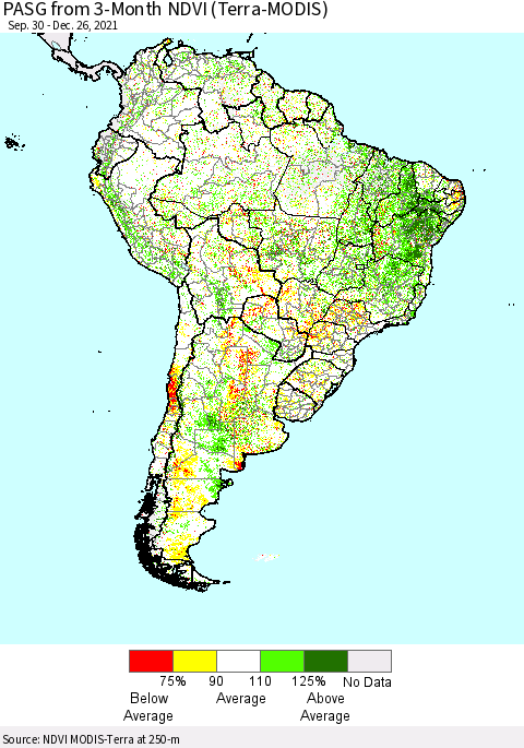 South America PASG from 3-Month NDVI (Terra-MODIS) Thematic Map For 12/26/2021 - 1/2/2022
