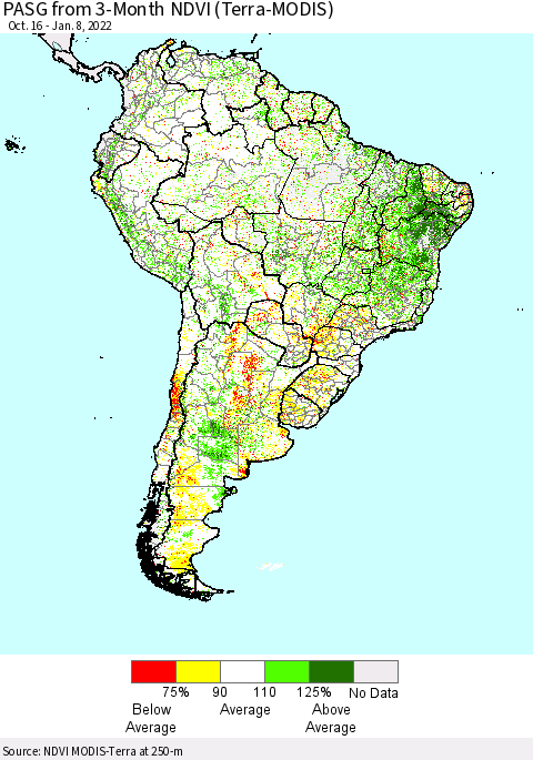 South America PASG from 3-Month NDVI (Terra-MODIS) Thematic Map For 1/1/2022 - 1/8/2022