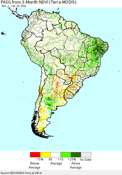 South America PASG from 3-Month NDVI (Terra-MODIS) Thematic Map For 1/17/2022 - 1/24/2022