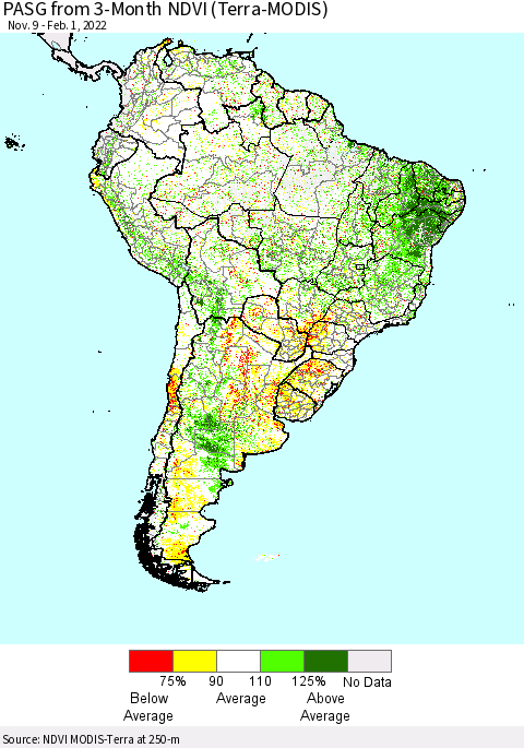 South America PASG from 3-Month NDVI (Terra-MODIS) Thematic Map For 1/25/2022 - 2/1/2022