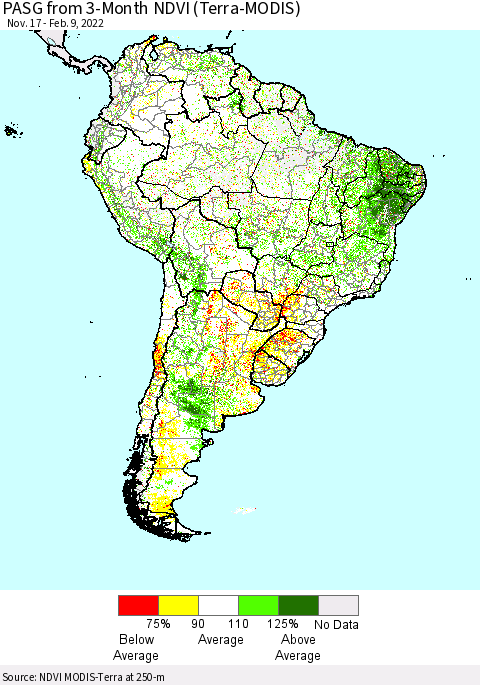 South America PASG from 3-Month NDVI (Terra-MODIS) Thematic Map For 2/2/2022 - 2/9/2022