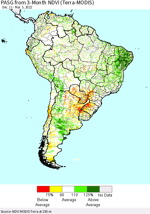 South America PASG from 3-Month NDVI (Terra-MODIS) Thematic Map For 2/26/2022 - 3/5/2022