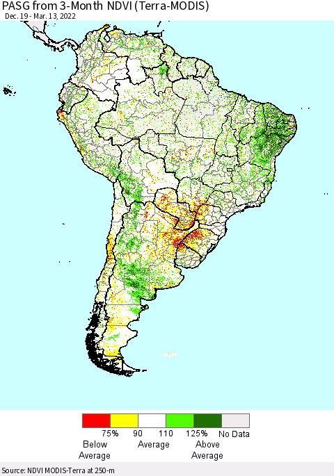 South America PASG from 3-Month NDVI (Terra-MODIS) Thematic Map For 3/6/2022 - 3/13/2022