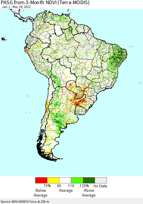 South America PASG from 3-Month NDVI (Terra-MODIS) Thematic Map For 3/22/2022 - 3/29/2022