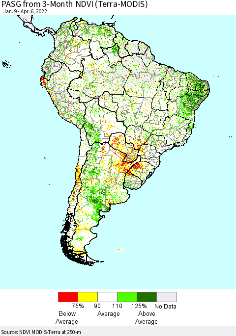 South America PASG from 3-Month NDVI (Terra-MODIS) Thematic Map For 3/30/2022 - 4/6/2022