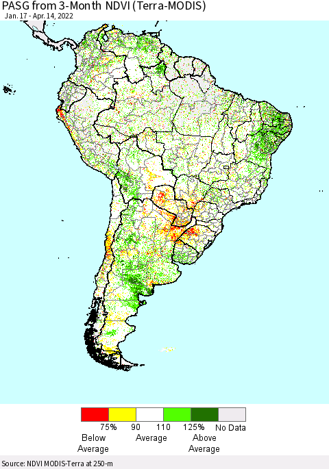 South America PASG from 3-Month NDVI (Terra-MODIS) Thematic Map For 4/7/2022 - 4/14/2022