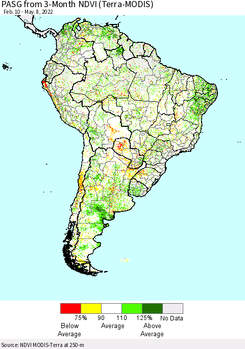 South America PASG from 3-Month NDVI (Terra-MODIS) Thematic Map For 5/1/2022 - 5/8/2022